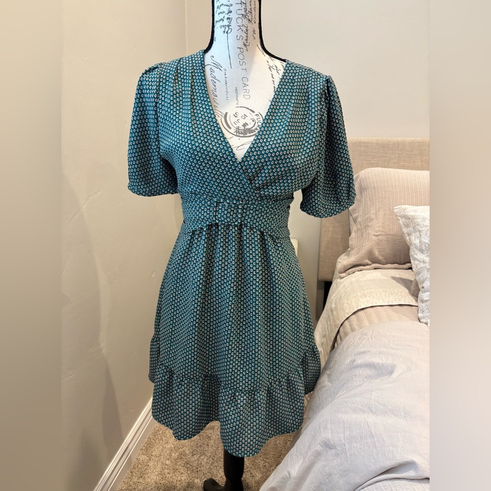Anthropologie Maeve Teal Patterned V-Neck Mini Dress